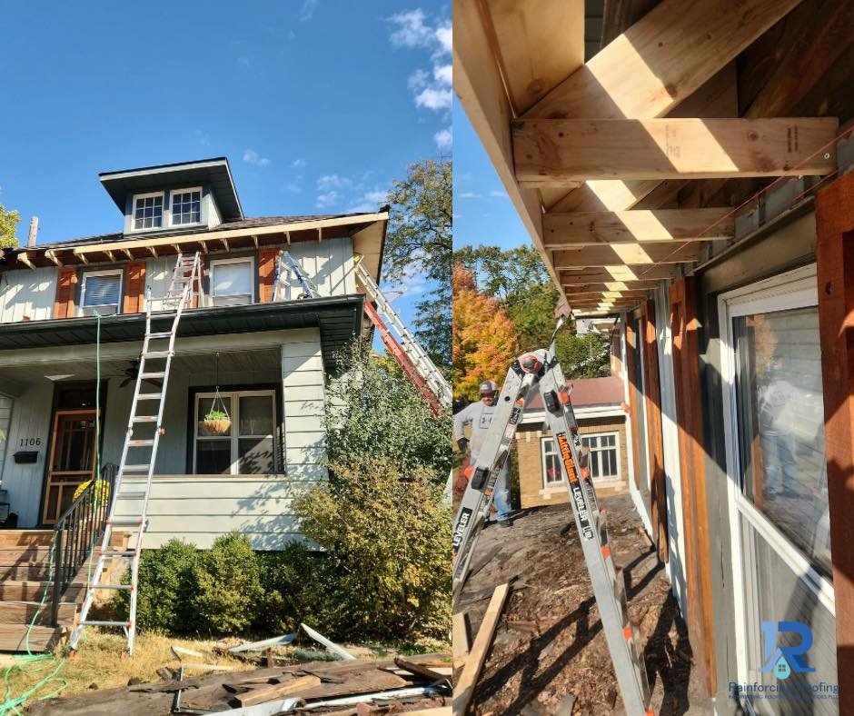 A side-by-side comparison showing a two-story residential home with exposed rafters during a fascia board installation, with a detailed close-up of the new wood structural reinforcements ready for roof insurance claims