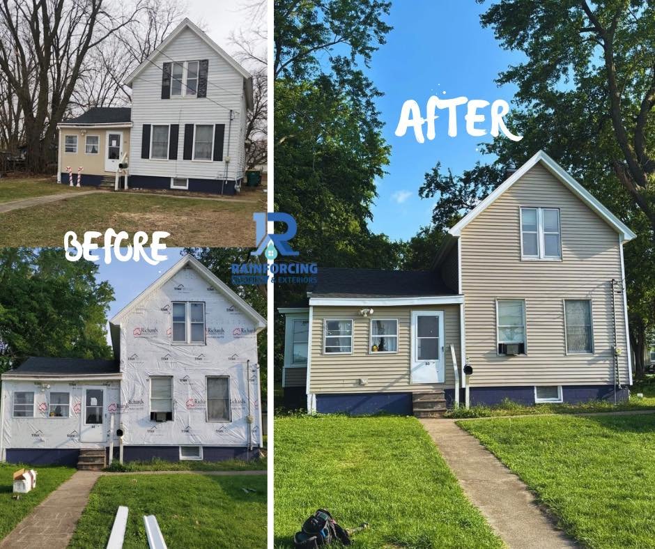 A comprehensive before-and-after exterior restoration project in Peoria, IL, showing an older home transitioning from damaged, exposed wood to a fully updated system featuring new tan vinyl siding, integrated soffit and fascia ventilation, and matching white window trim