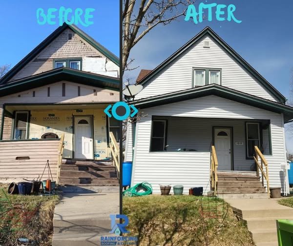 A before-and-after comparison of a residential exterior restoration in Peoria, IL. The "before" side shows aged, damaged siding and exposed house wrap , while the "after" side features a complete transformation with clean white horizontal siding, a matching soffit and fascia system, and new architectural trim