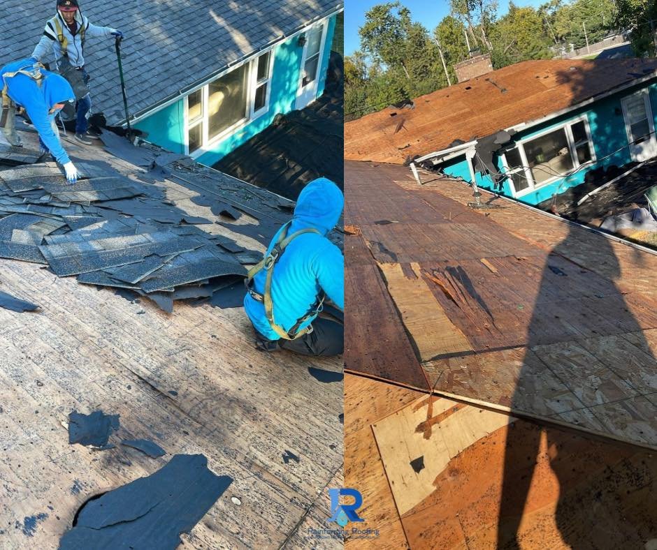A side-by-side comparison showing the meticulous roof tear-off process where damaged shingles are removed to inspect the wooden roof deck. Our team ensures that all repairs meet local building codes and manufacturer requirements for long-term protection.