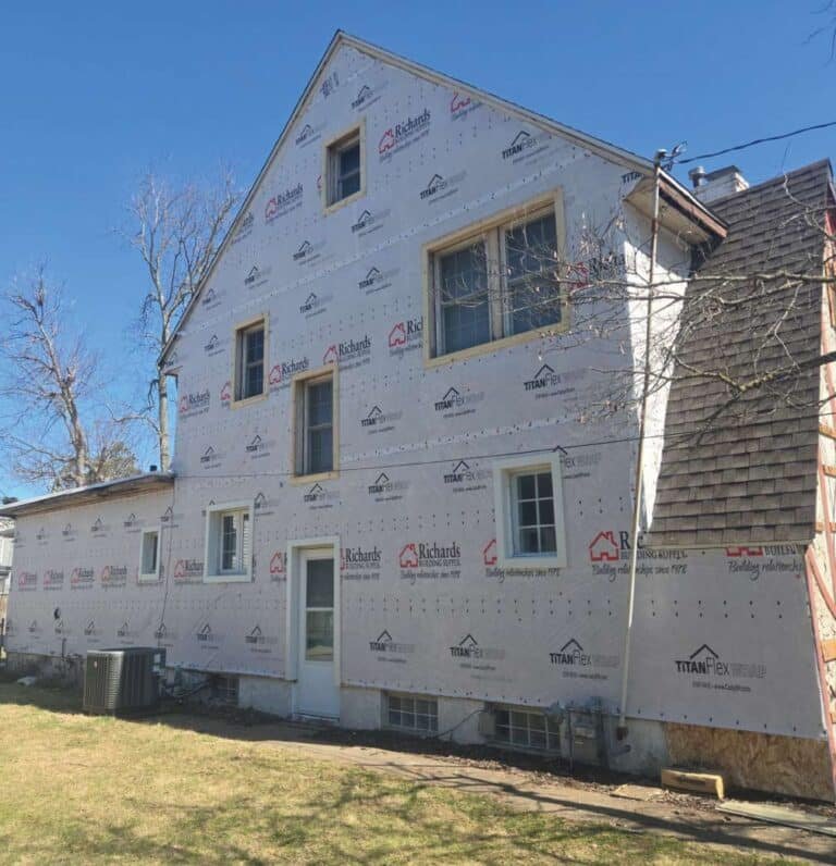 Before and after view of a residential siding replacement project improving home curb appeal and insulation.